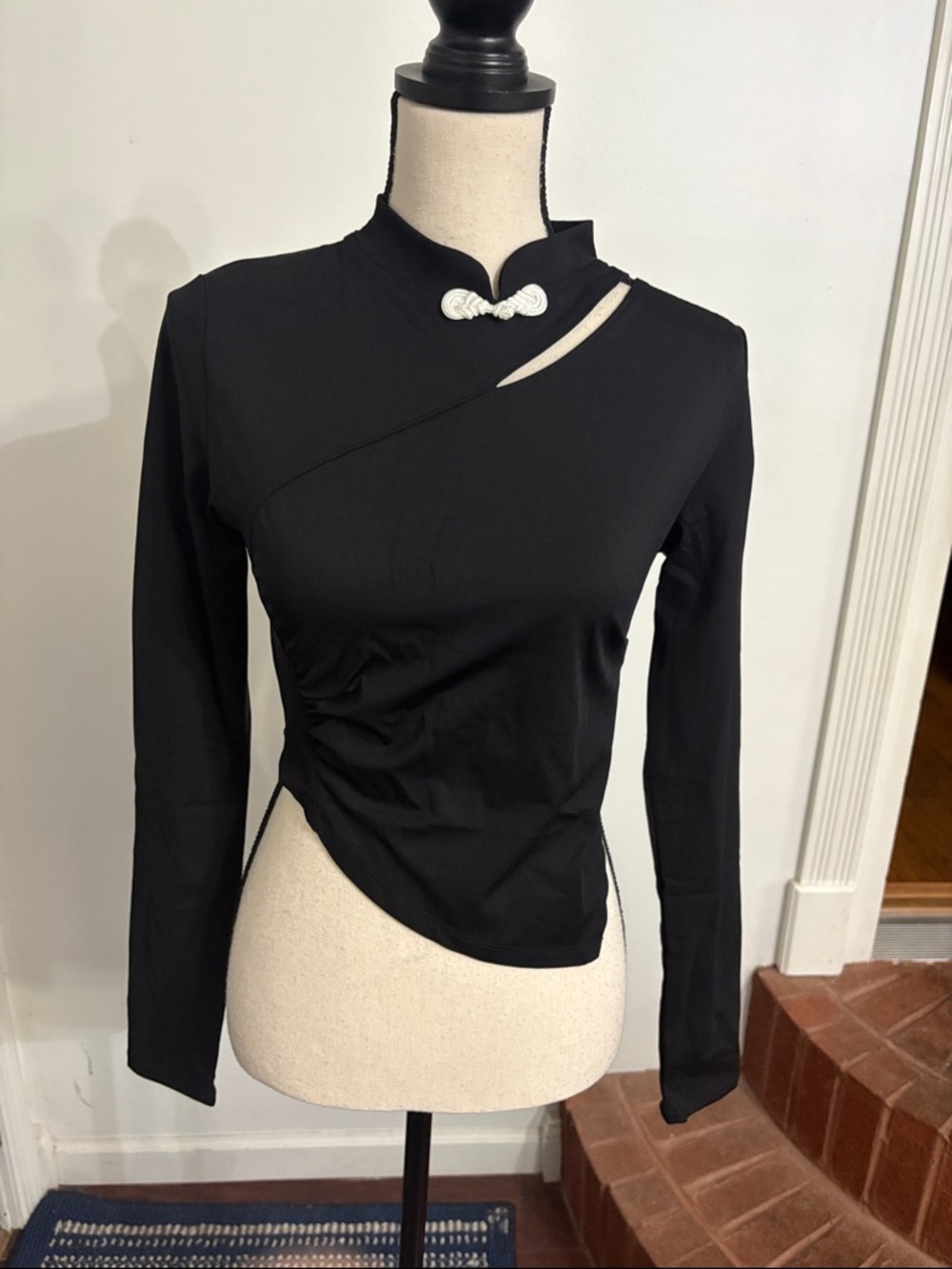 Women’s Black Long Sleeve Asymmetrical Top with Mandarin Collar